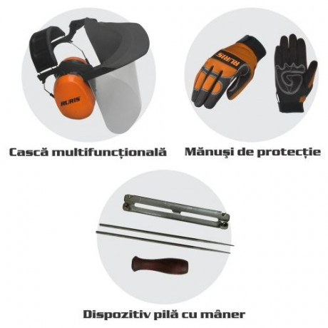 Защитен комплект за моторна резачка каска, ръкавици, пила RURIS