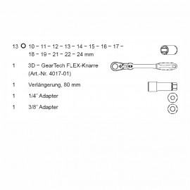 Вложки с тресчотка комплект 1/4", 3/8", 10-24 мм, 17 броя Projahn